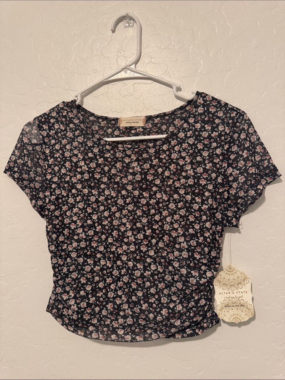 Altar'd State Black Floral Crop Top with Pink & White Blooms